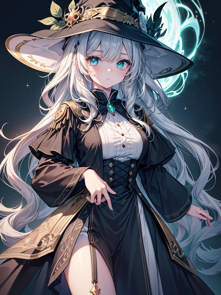 (masterpiece),(top-quality),(ultra-detailliert),hight resolution,in 8K animation,1girl,witch,white wavy hair,medium hair,green eyes,(round eyes),bangs,(,D),a lot of glowing particles,dreamcore,(beautifull detailed face),(beatiful detailed eyes),(anatomically correct)