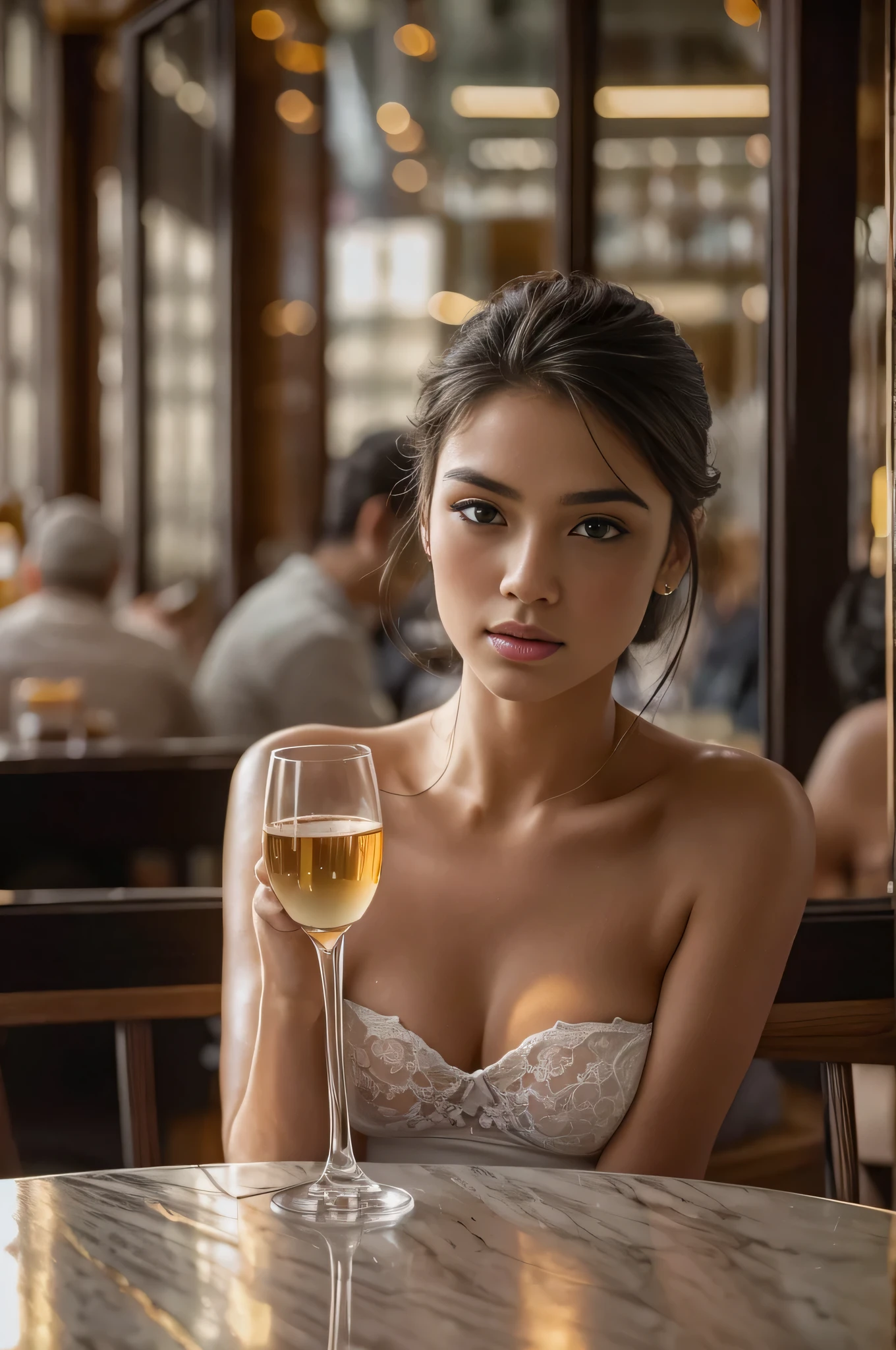 (in perspective) a gorgeous sexy brunette woman perfect 18-year-old girl straight hair, worn up, oily silky white skin (damp) fleshy lips, (photorealistic:photorealistic, 8k masterpiece),
flat chested, wearing with a tight elegant white dress (highlight on breasts),transparent material, sitting at a restaurant table holding a glass of wine (hyperrealistic: realistic, environment with intricate details),
with a sensual alluring desirable feature on the face: (texture and environment professional photography pure perfect lighting).