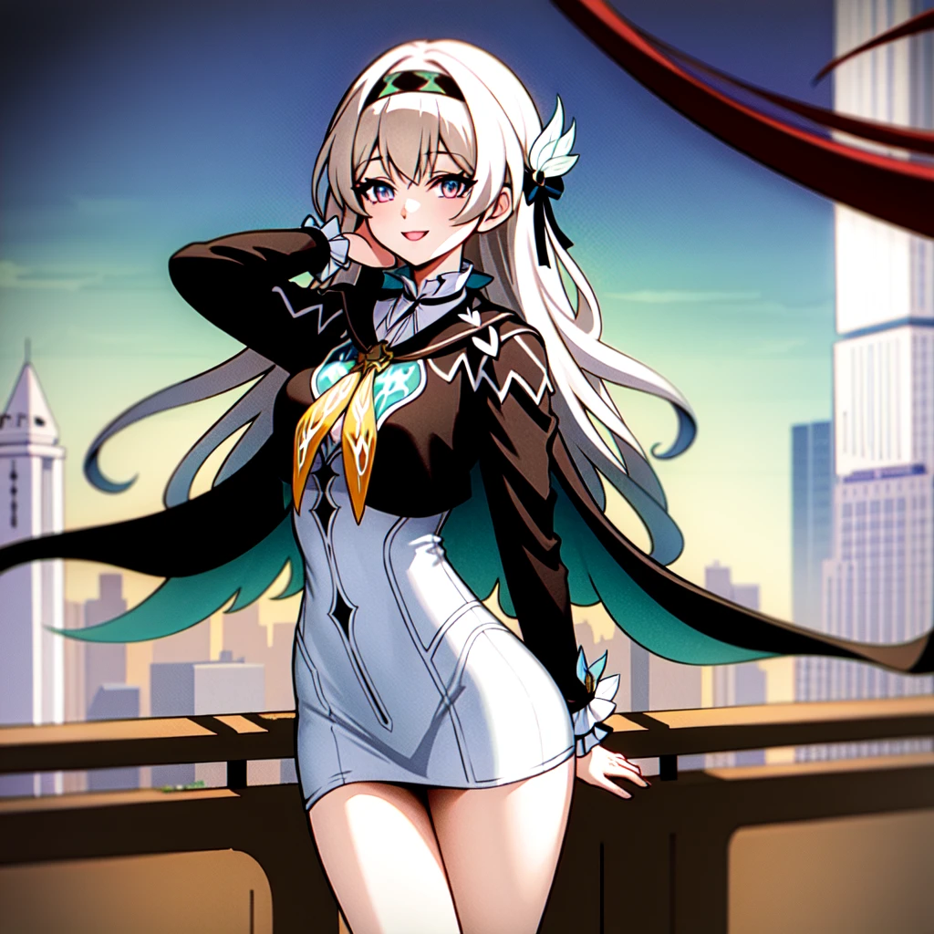 Masterpiece, best quality,cowboy shoot, cyberpunk, outdoor, smile, look at viewer, long hair:1.2
((Impossible clothes:1.3)), firefly \(Honkai: Star Rail\), multicolored eyes, white [gray or sliver] hair, black hairband, purple eyes, set, long sleeve, black jacket, blue thighs, black thighs,