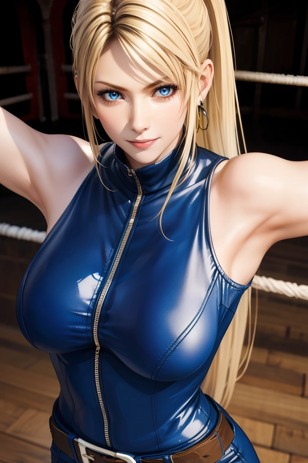 Sarah, blue eyes, long hair, cowboy shot, blonde hair, high ponytail, bodysuit, Shoulders exposed, (arms exposed:1.2), (tight blue bodysuit:1.1), belt ,sleeveless, zipper, boots, high heels, earrings, fingerless gloves, BREAK masterpiece, 1 girl, RAW photo, (best quality:1.2), extremely delicate beautiful, very detailed, 2k wallpaper, amazing, fine details, extremely detailed CG Unity 8k wallpaper, super detailed, high resolution, (beautiful detailed girl:1.2), perfect anatomy, (shiny clothes:1.1), (smile:1.2), (large breasts:0.5), (upper body:1.4), (Realistic, Photorealistic:1.0), (thin nose:1.2), (breast focus:1.3), 20 year old, high nose bridge, (blue clothes:1.2), fighting pose, fighting arena,