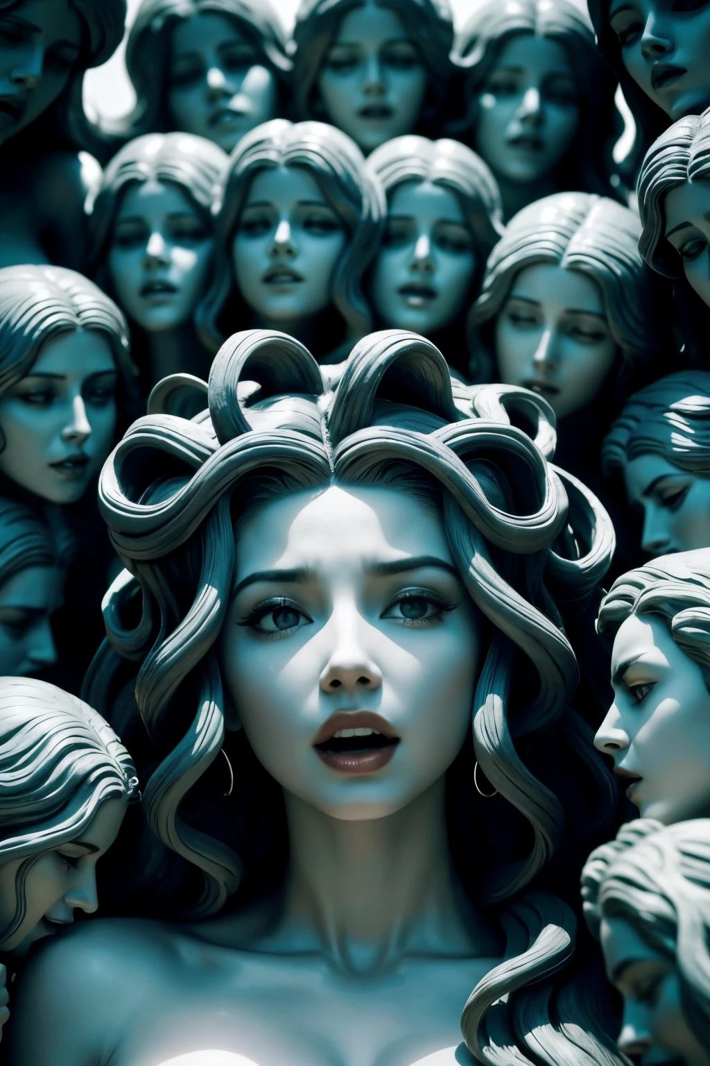 Medusa, Chorando, Surrounded by Statues, Expressionista, 8K