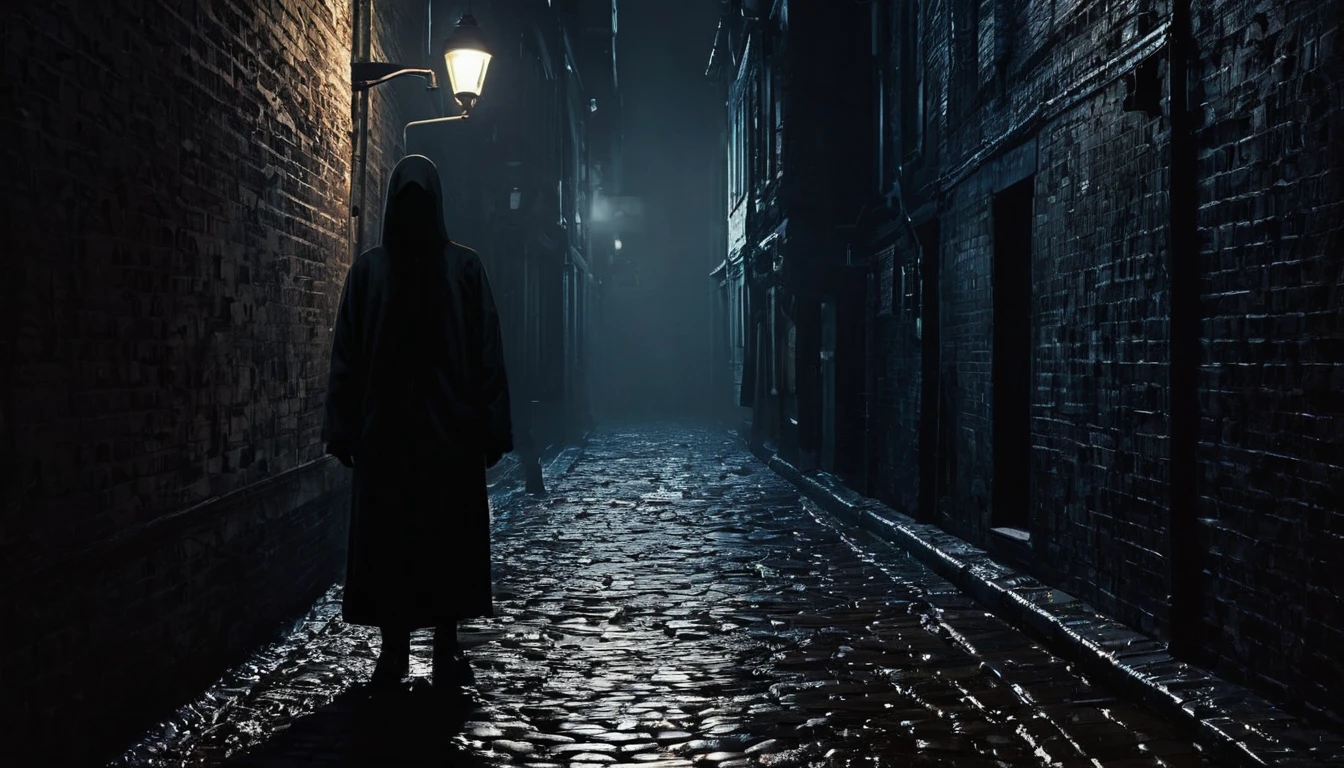 Create a digital artwork of a faceless figure standing in a dimly lit alley, evoking a sense of dread and mystery. The alley should be narrow and shadowy, with dim light coming from a distant streetlamp or a small window. The figure should be partially obscured by darkness, with its faceless form adding to the unsettling atmosphere. Include details like wet cobblestones, dripping water, and the faint outline of buildings to enhance the eerie and claustrophobic feeling of the scene