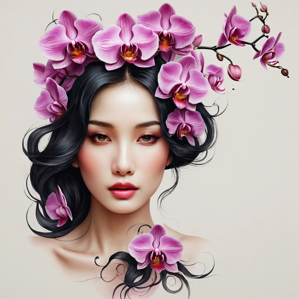 Modern minimalist art，（Close-up of woman with orchid tattoo on neck）,This woman has a pretty face，Black long hair，（Orchid tattoo pattern on neck：1.3），Flowing hair illustration，Fair face， slim, beautiful eyes， Elegant digital art, Beautiful digital illustrations, Beautiful character painting,
