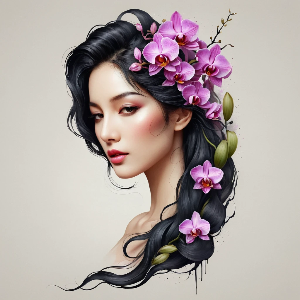 Modern minimalist art，（Close-up of woman with orchid tattoo on neck）,This woman has a pretty face，Black long hair，（Orchid tattoo pattern on neck：1.3），Flowing hair illustration，Fair face， slim, beautiful eyes， Elegant digital art, Beautiful digital illustrations, Beautiful character painting,
