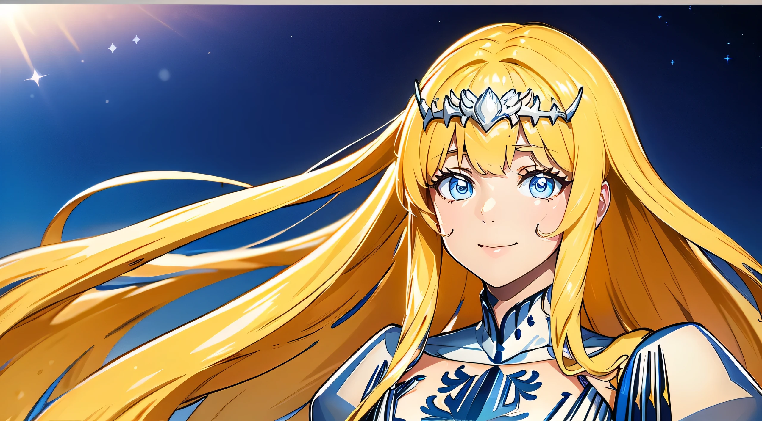 (Lasterk:1.0) Um sorriso sereno, e olhos verdes tranquilos, 1girl, solo, Calca, Calca Bessarez, blonde hair, (extremely long hair:1.3), very long hair, white tiara, white dress, blue eyes, medium chest, long straight hair, mature female, 25 years old,