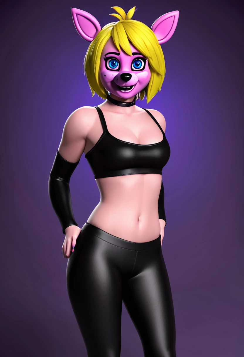 Make Susie from FNAF (a que possuiu chica) blonde with blue eyes barefoot with black leggings