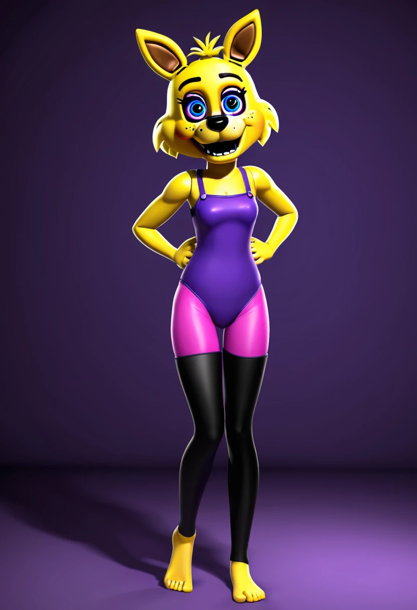 Make Susie from FNAF (a que possuiu chica) blonde with blue eyes barefoot with black leggings