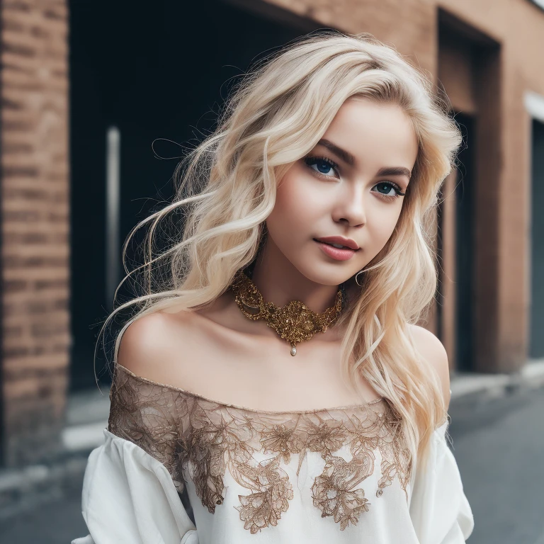 ultra realistic 8k cg, masterpiece, ((ultra detailed background, delicate pattern, intricate detail)), best quality, intricate details, chromatic aberration, 1girl, long hair, golden hair, messy hair, red highlights, hair over one eye, sharp eyes, choker, brick wall, graffiti, dim lighting, alley, oversized shirt,off shoulder, see through white shirt, Masterpiece, best quality