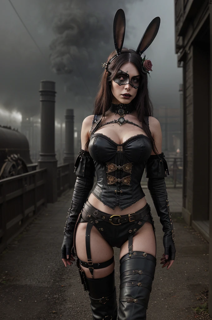 Picture a gothic steampunk beauty with a one eye patch ,with delicate bunny ears peeking through her tousled hair. She stands confidently in thigh-high leather boots adorned with intricate roses and brass gears. Her attire is a blend of Victorian elegance and industrial edge, featuring dark fabrics and metal accents that catch the light. Behind her, the steampunk city fades into the mist, its skyline a silhouette of gears and steam pipes against a twilight sky. The overall atmosphere is one of dark fantasy, where every detail is rendered with hyperrealistic precision, inviting you to step into this captivating world