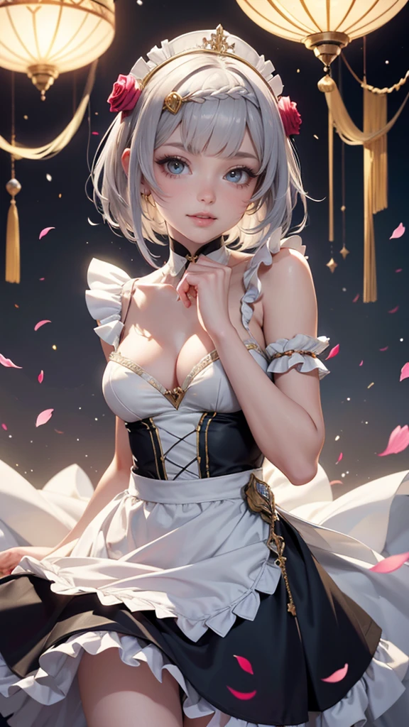 noelle_(genshin impact), roses, ornament hair, silver hair, short hair, maid, dress, maid apron, maid headdress, sky, rainbow colors in the aurora boreal, night, 1girl, dress, solo, flowing hair, floating hair, ornament hair, perfectly body, perfectly hands, on garden, petals, centered girl, black dress, more details on her clothes, dress with transparency, golden details, daylight, smiling, cape, ((4k, masterpiece, top-quality)),8k, best quality, high resolution, HD, (illustration:0.8), super cute girl, delicate and beautiful face, mature girl, super cute hairstyle, (beautiful detailed eyes:1.6), extremely detailed face, perfect lighting, extremely detailed CG, (perfect hands, perfect anatomy), Best quality, cleavage, small skirt, full Body,