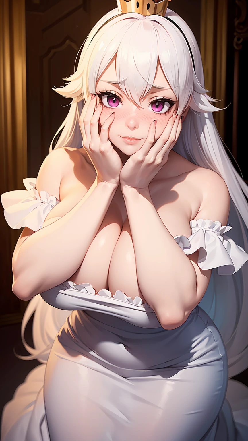 ((masterpiece)), ((best quality)), (detailed), perfect, solo, boosette, gorgeous girl, luscious lips, white hair, (((very shy))), (((blushing))), (((hands on face))), in a haunted mansion, (((gigantic breasts))), (((covering face))), (((off shoulders)))
