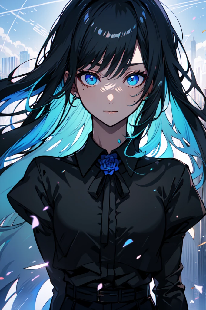 Beautiful hands, Beautiful dresasterpiece, (best quality:1.2), intricate details, ado, 1girl, multicolored hair, long hair, collared shirt, jacket, bangs, long sleeves, blue flower, (mature female:1.2), Ado, (dark blue hair, light blue inner), extra long hair, straight hair, blue eyes, slanted eyes, white inner shirt, (long black jacket, long black pants),  (masterpiece, best quality:1.2), intricate details, ado, 1girl, multicolored hair, long hair, collared shirt, bangs, long sleeves, blue flower, (mature female:1.2), Stars and comets pass by in the open sky, Beautiful Clouds, A tree with glowing fireflies and butterflies々, (Ultra-realistic), {Highly detailed CG unit 8k wallpaper}, Vast landscape photography, (View from below with a panoramic view of the sky, vast open field vision), (Low angle shot), (Light: 1.5), (warm Light source: 1.2), Intricate details, (Rainbow colors: 1.2), (bright Lighting), (atimospheric Lighting), dream-like, Magic, fairy tale