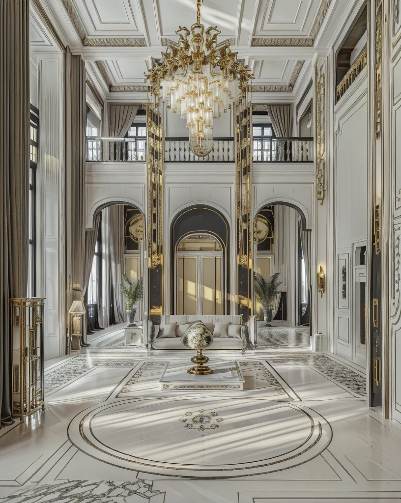 a view of a large living room with a chandelier and a chandelier, high ceilings, elegant and ornate, tall ceilings, very tall ceilings, high ceiling, luxurious environment, ornate and elegant, elegant and refined, ornate and flowing, stunning grand architecture, exquisite architecture, tall ceiling