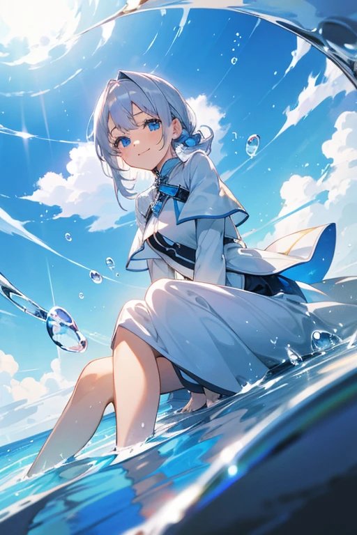 1 girl,Sitting,Blue Eyes,Silver Hair,Clear skies,Air bubbles,Splash,I'm staring at the camera,White clothes,Smiling,magic