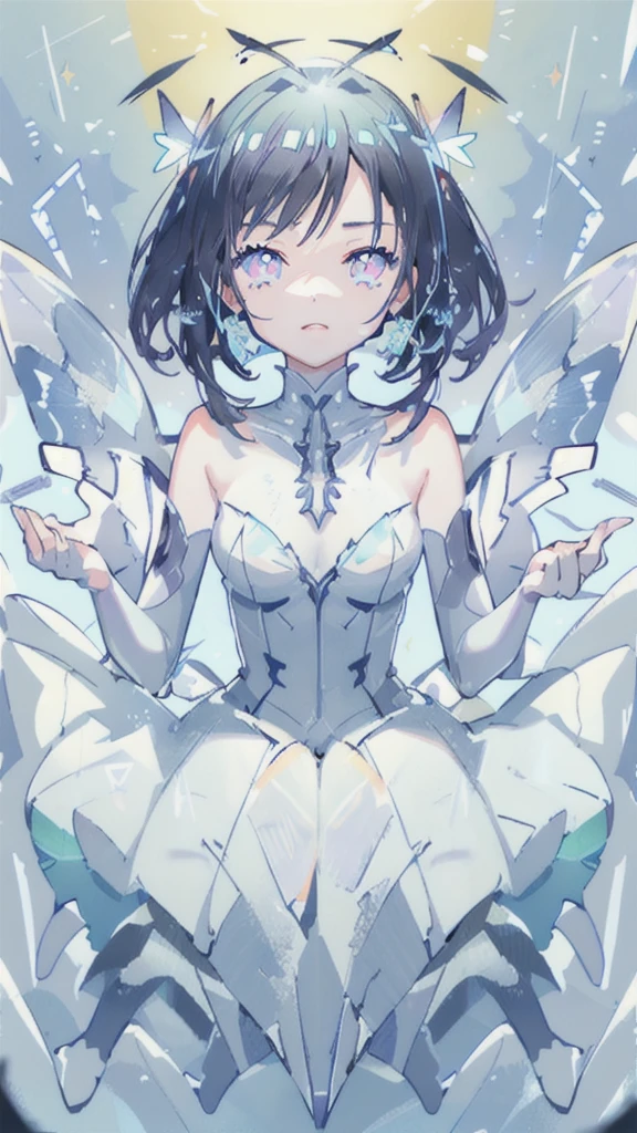 hatching (texture),close-up,portrait,1girl, gemstone butterfly wings dress, mecha, diamond, bare shoulders, butterfly, looking at viewer, in the sky, flying, bright colors, lighting, (ray tracing:1.4), depth of field, masterpiece, best quality,