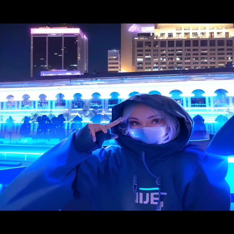there is a woman wearing a mask and a hoodie posing for a picture, profile picture, profile picture 1024px, at future neon light rooftop, profile pic, with blue light inside, with blue light dark blue sky, with glowing blue lights, with neon lights, blue tinted, โจ๐๐, โ๐ช๐๐ฉ๐พ