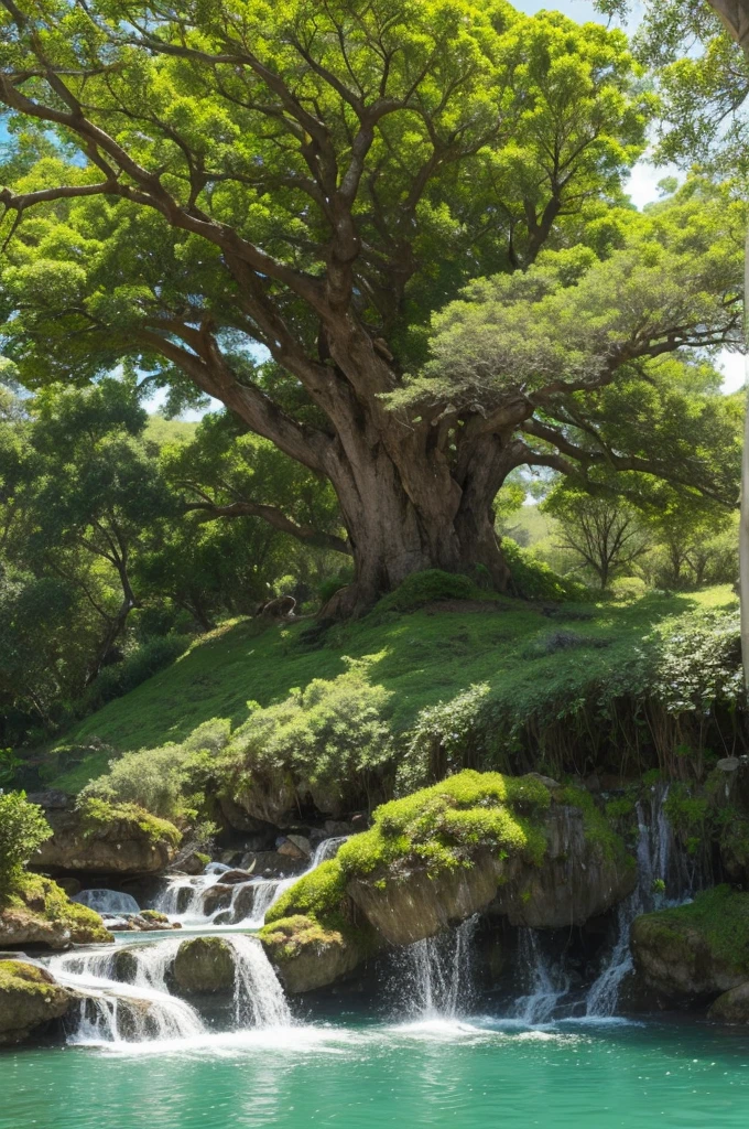 Um campo com grama verde ,a grand tree with golden fruits in the center of the field and 4 rivers with crystalline waters flowing from the center of the tree