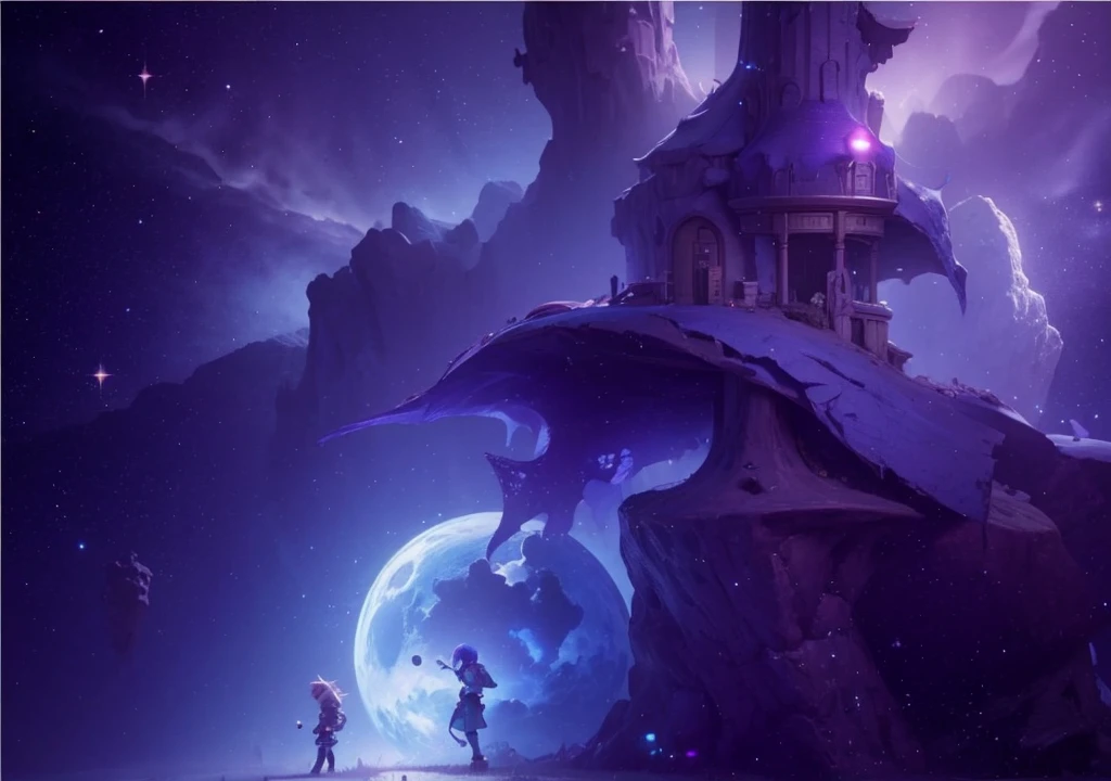 digital painting, Game Location, location from the game, dungeon from the game, локация space, Game Location, space location, location in blue and purple tones, Game Location, cute style, Large location, fog in the foreground with glow effects, colorful, No characters, no characters, location only, cute style, anime style, space, Space, planets in the background