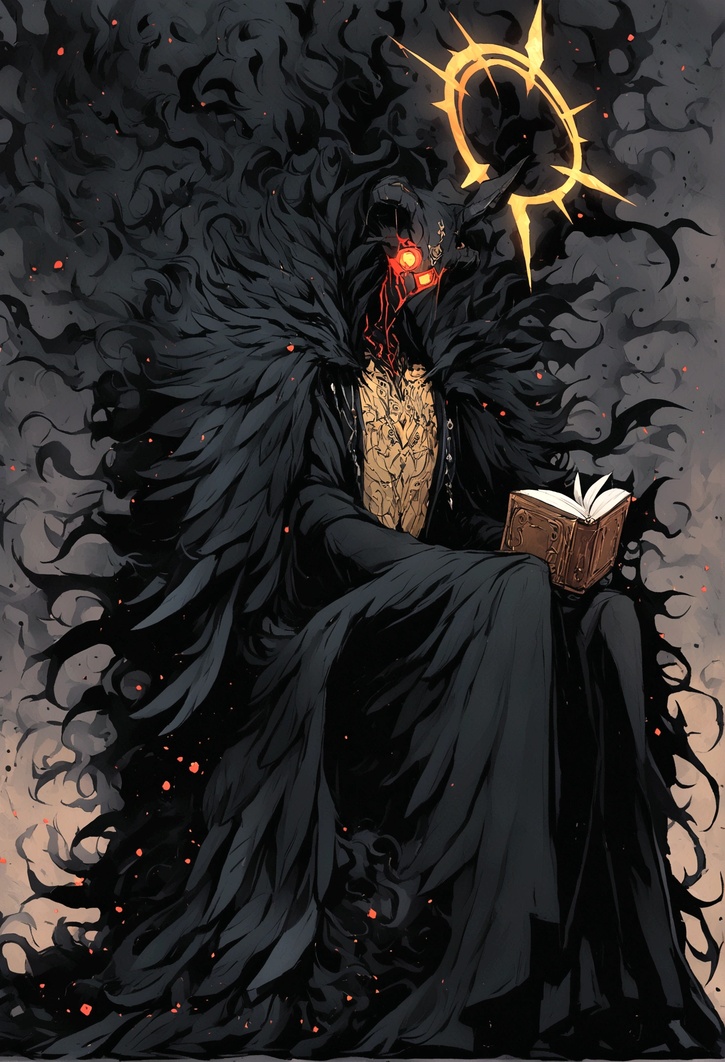 Obra de arte:1.2, melhor qualidade, ultra detalhado, macho, focado, celestial demon wizard, Jovem, serious, frio, horns on her head and a shining golden halo behind her symbolizing her celestial and demonic duality, two large black wings that combine bright plumes with a dark and threatening appearance, cabelo negro, estilo de kentaro miura, fantasia, SCI-FI, fundo claro, a painting of a man in a black robe sitting in a wheelchair, holding an open ancient magical book, Vista-o com vestes escuras e majestosas com detalhes dourados, cabelo negro, cabelos escuros, anjo demoniaco, plumas negras, asas negras grandes, inspired por Edmundo Blampied, inspired por Nicola Samori, inspirado em Pietro Longhi, por Nicola Samori, por Edmundo Blampied, Direction: Stephen Gammell, Estilo Stephen Gammell, figura sinistra ao fundo, Direction: Leonaert Bramer, Direction: Johann Kaspar Füssli .