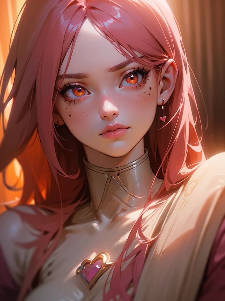 a 26 years old reddish pink haired woman, orange eyes with light pink highlights, messy bangs, heart shaped beauty mark on her cheek, serious expression, detailed face, beautiful detailed eyes, beautiful detailed lips, extremely detailed eyes and face, long eyelashes, high quality, 8k, hyper realistic, detailed painting, digital art, vibrant colors, dramatic lighting, cinematic,