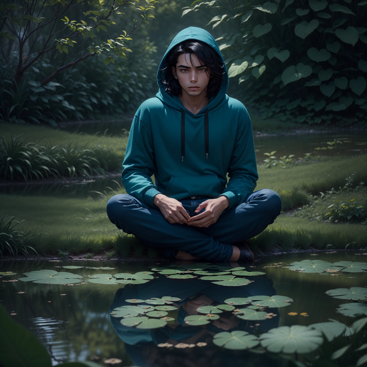 (dramatic illumination, dynamic angle, intense color contrast), (young man with black hair died blue at ends, brown skin, green eyes: 1.2), (sitting cross-legged by a pond), (wearing hoodie, ripped blue jeans:1.1), (meditating), slacker