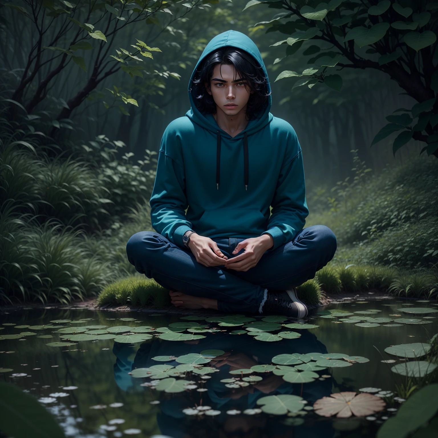 (dramatic illumination, dynamic angle, intense color contrast), (young man with black hair died blue at ends, brown skin, green eyes: 1.2), (sitting cross-legged by a pond), (wearing hoodie, ripped blue jeans:1.1), (meditating), slacker