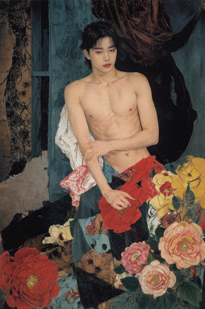 best quality,masterpiece,Ultra-high resolution,1 male,looking at the audience,one,Yamamoto Takashi style,
Flower background,Abstract color patches,Good face,Handsome, Shirtless