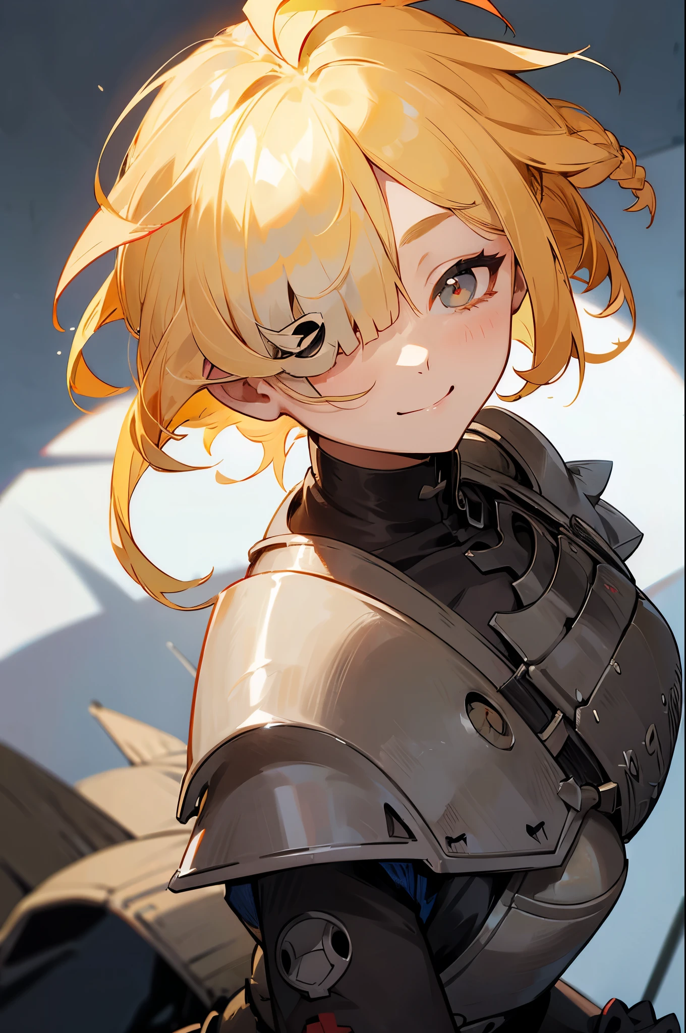 、smile, face palm, blonde ((((((hair over one eye)))))), Braid Styles, spiked hair, blunt bangs, bob hair, a braid, Ahoge red eyes, , From above, From the side, armored dress, off shoulder