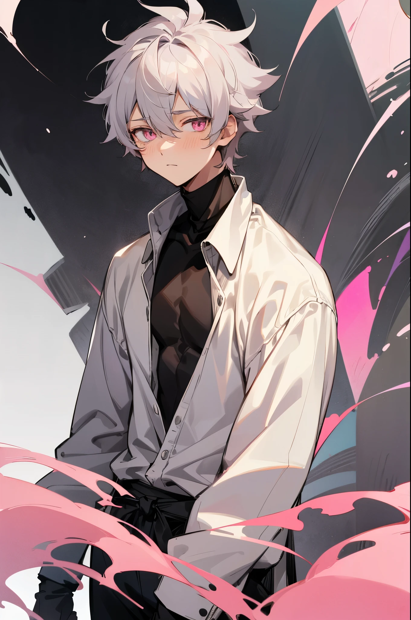 1boy, male, kuudere, blank expression, no blush, grey hair, messy hair, pink eyes, black turtleneck under a white shirt, cowboy shot, detailed eyes,