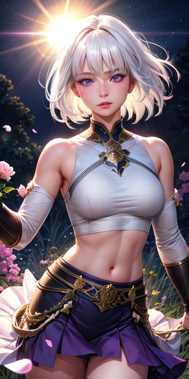 realistic, 1girl, white hair, purple eyes, glowing eyes, crop top, skirt, parted lips, blush, night, flowers, sun, sunlight,