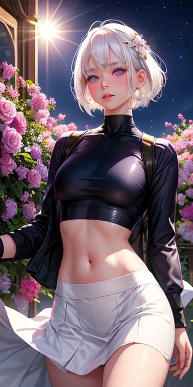 realistic, 1girl, white hair, purple eyes, glowing eyes, crop top, skirt, parted lips, blush, night, flowers, sun, sunlight,