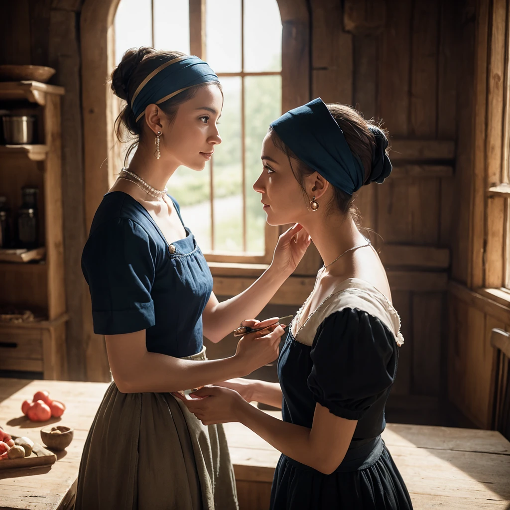 Medieval portrait, A touch reminiscent of Girl with a Pearl Earring, Maid cutting vegetables, Profile of a man working seriously, Natural light through the window
