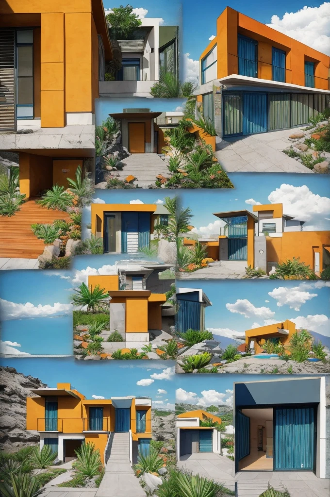 An illustration in collage style, with giant boulders, brutalist building sections, terraces, stairs, cacti, agave, concrete texture, multiple geometric shapes, hatch and cross hatching, planet saturn, volcano, moon, Luis Barragán's architectural style build, milky way galaxy, violet, one motorcycle, An illustration in collage style, with giant boulders, brutalist building sections, stairs, cacti, agave, concrete texture, multiple geometric shapes, hatch and cross hatching, planet saturn, volcano, moon, Luis Barragán's architectural style build, reflective pool, terraces. An elegant and modern build, in top of big boulders, with terraces, materials concrete, wood, steel and crystal, various gardens with tropical vegetation, cacti and rocks, stairs, a pool. In middle of sea, a big wave near, sunset, mountains and a volcano in the horizont, cute islands around, illustration format, cute color palette, detailed, masterpiece, award-winning work, clouds, Illustration, a garden with abundant cacti, ((various organic sculptures)), ((big rocks)), (((multiple sections))), collage style, detailed, (((color palette (olive green), (Mustard orange), cool grey, ((blue)), black and white))), (((a lot Luis barragán's architecture style builds))) big clouds, volcano in horizon, stairs, in the desert. ((masterpiece, best quality)),illustration,ultra detailed 8k, ((Ori Toor visual style)),soviet, megabuildings, megastructures, buildings, organic steel sculpture