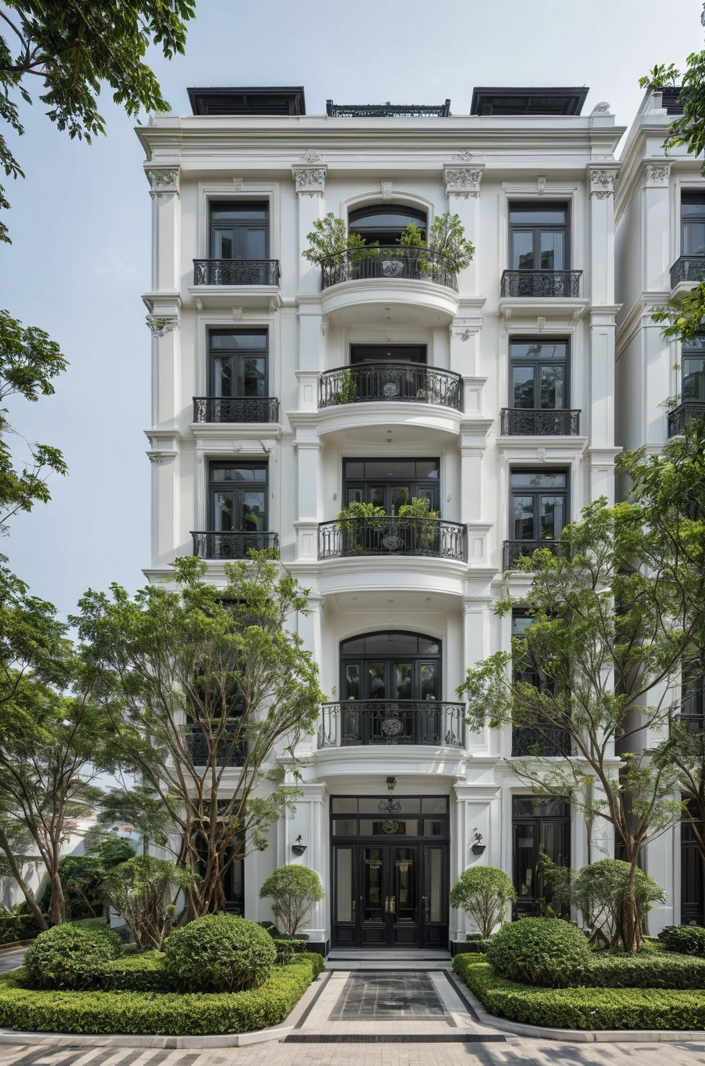 RAW photo,Exterior neo classic house, Inspired by French architecture, neo classic style, black and white, ((Highly detailed sculpted cornices at the tops of columns and walls)), French style roof, townhouse in residential area, The building is located in an urban area of Hanoi Vietnam, mix white and black steel facade, facing the road, (sidewalks), (sidewalk trees), (gate), (ultra realistic), (super high details:1.5), clean white sky, natural lighting, (curvilinear architecture:1.2), (sharpen:1.2), 8k uhd, dslr, soft lighting, high quality, film grain, Fujifilm XT3