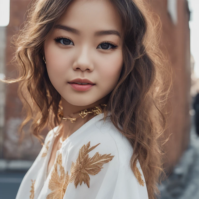 ultra realistic 8k cg, masterpiece, ((ultra detailed background, delicate pattern, intricate detail)), best quality, intricate details, chromatic aberration, 1girl, long hair, golden hair, messy hair, red highlights, hair over one eye, sharp eyes, choker, brick wall, graffiti, dim lighting, alley, oversized shirt,off shoulder, see through white shirt, Masterpiece, best quality