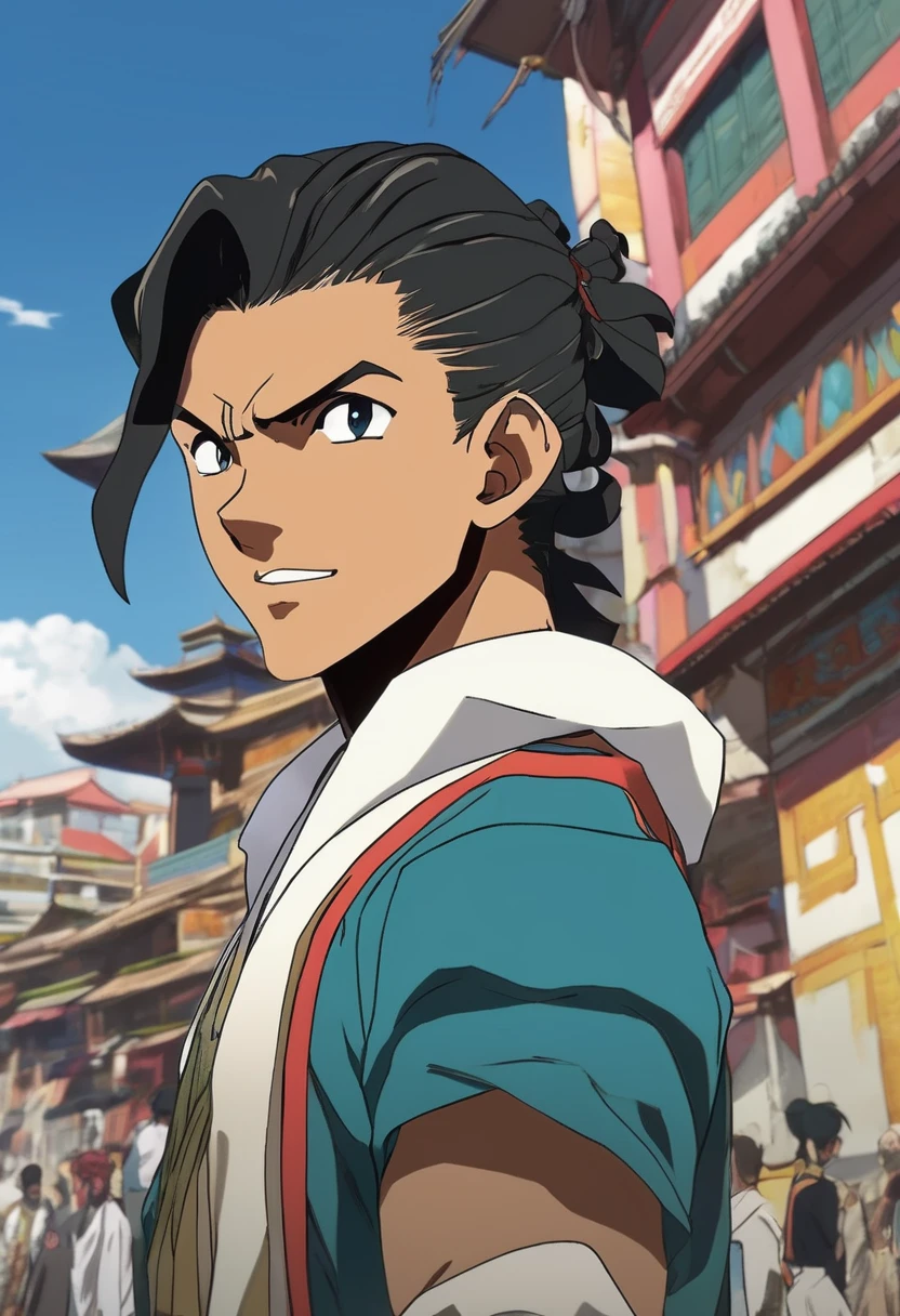 anime episode still shot, [early twenties muscular chinese asian male anime protagonist with black man bun hair style and no beard] with serious focused facial expressions large smile, with [lightweight Arabian style clothing], in the art style of my hero academia, art by Kohei Horikoshi, full body shot, background [fantasy busy arabian city black market with blue sunny sky people in the background], pegi nicol macleod, rough-edged 2d animation, thomas blackshear, lit kid --no beard --ar 3:2 --niji 5