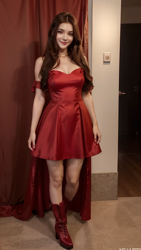 Long dark brown hair, smiling slightly, beautiful visuals, red nails, cute, kpop member, beautiful, red kpop idol dress with blacked heeled boots, red head accessories, fluffy dress, badass dress, kpop idol makeup, red dress, red dress, posing beautifully