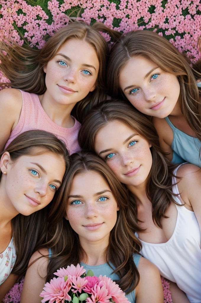 girl with brown hair blue eyes and freckles sitting in a bed of pink flowers with her two best friends with brown and blonde hair