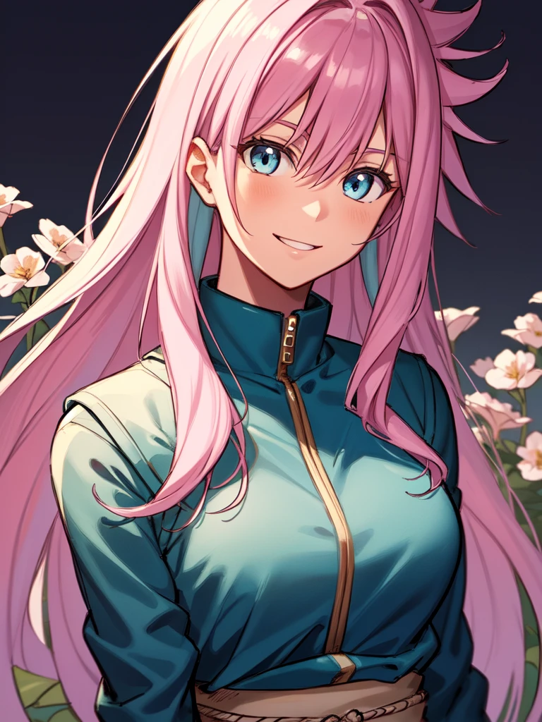 ((spiked hair)), ((long hair)), ((light pink hair)), ((light blue eyes)), ((cheerful expression)), (shinobi clothing)), ((light skin)), ((flowers)), ((complementary colors)), ((mature female)), 1girl, beautifully drawn, high resolution illustration, best quality, High definition, ((detailed anime sketch)), Masterpiece, (solo), absurdres, portrait, ((upper body)), detailed background, fine detail, female focus, HDR,
