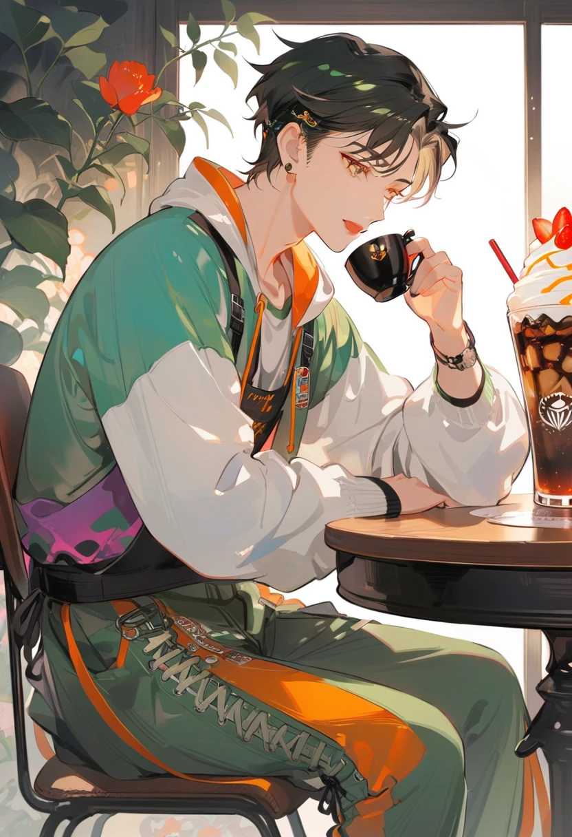 One man in his 20s,coffeeを飲む,Retro costumes, sneakers, Sideways glance, Sitting, Hyper Pop, Cafe,coffee、 Retro feel, overview, masterpiece, Highest quality,