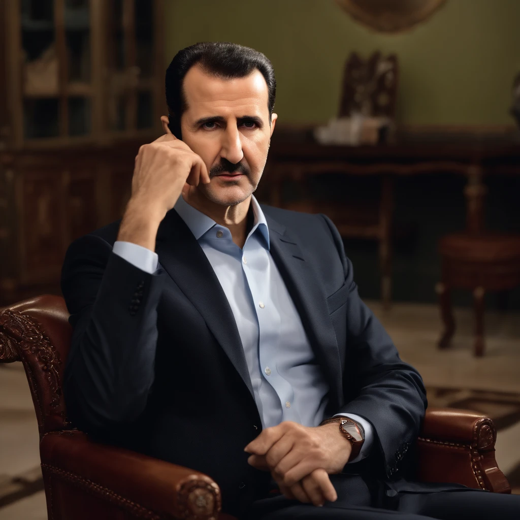 4k, 8k, masterpiece, highly detailed portrait of Bashar al-Assad (President of Syria) sitting and grooming his beard, hyper realistic, photorealistic, sharp focus, studio lighting, ultra-fine details, vivid colors, elegant, authoritative, serious expression