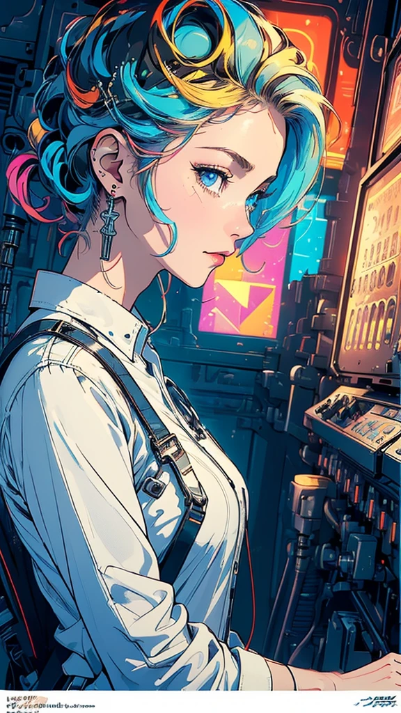 (((masterpiece, highest quality))),(((solo:1.2))),(((1girl:1.2))),32k wallpaper, very detailed, poster, vintage science fiction,(((((geometric cinematic movie poster))))), (bauhaus), shape,(((abstract))),(mid century modern),movie poster,(((((portfolio))))),(((((Close-up))))),(((((bust up))))),((((more various angle)))),(((highlight))),Vast landscape,((((heterochromia)))),(((complete. detailed face))),((((Extremely talented)))),(((((most complicated machine))))),(((genius mechanic))),((Overall colorfully)),neon sign