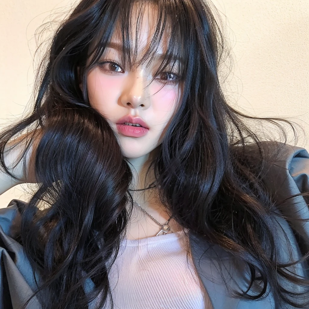 Mulher arafed com longos cabelos pretos e uma camisa rosa, Ulzzang, ela tem cabelo preto com franja, cabelo longo com franja, cabelo arrumado com franja, coreana, cabelo longo e escuro com franja, linda jovem coreana, young lovely korean face, cabelo preto longo com franja, linda jovem coreana, linda mulher sul-coreana, franja fofa, blackpink jennie, blackpink lisa, jennie
