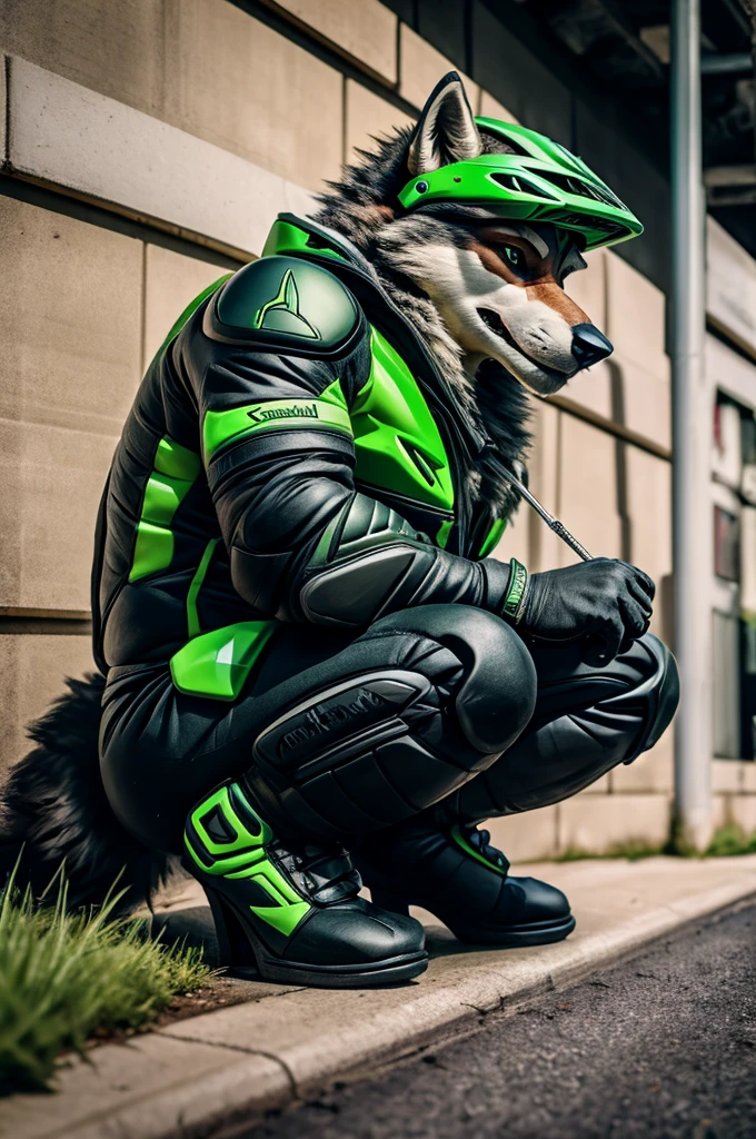 Wolf  sitting on the side of a road with a helmet on, kawasaki, crouching, inspired by Cam Sykes, inspired by Brian Dunlop, cr3, portrait!!!, sittin, portrait!!!!, green and black, 🚿🗝📝, anato finnstark!!, photography, 🤬 🤮 💕 🎀, photographed, they are crouching