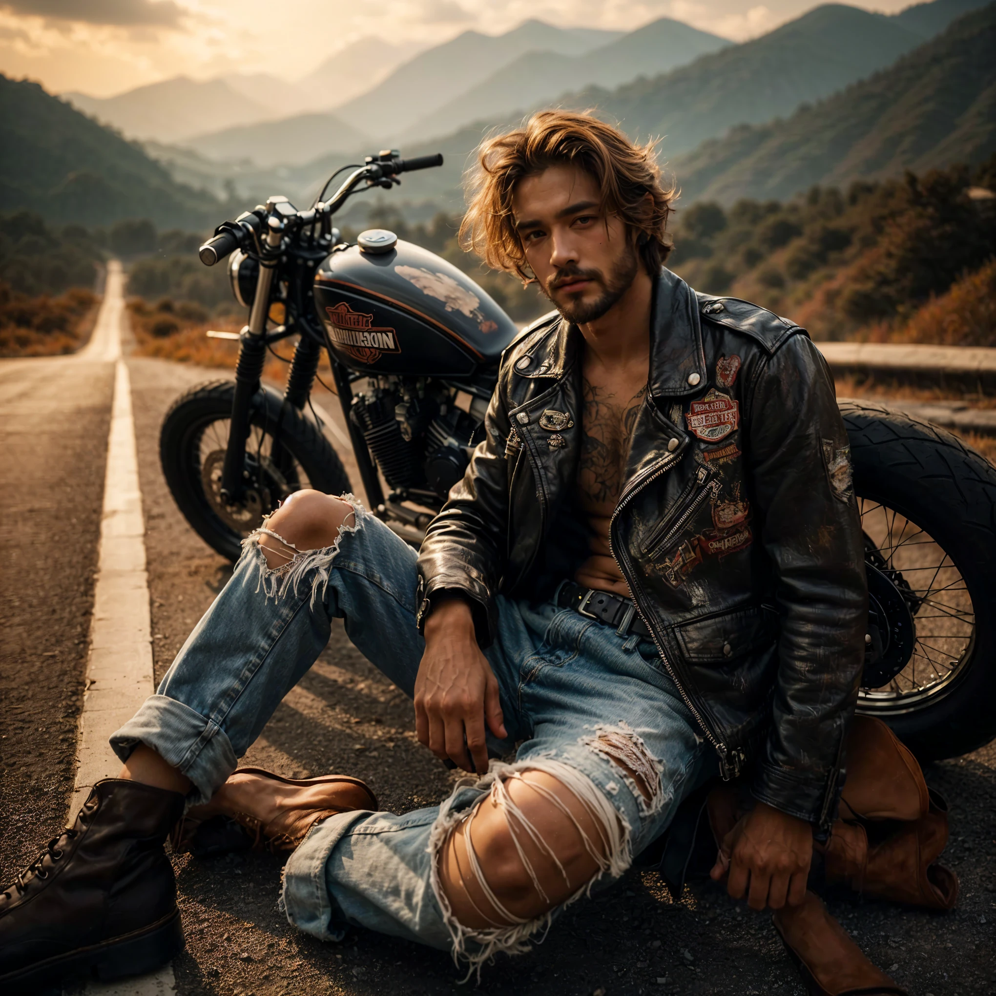 1980s, cafe racer, Harley Davidson, man, riders wear, beautiful face, torn pants, very intricate details, clean paint, single road in wilderness, (masterpiece, best quality:1.2), (8k uhd, 16k, 32k, ultra high res), realistic photo, taken with Fuji film X-T30+Nokton. HDR10