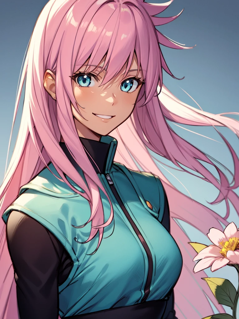 ((spiked hair)), ((long hair)), ((light pink hair)), ((light blue eyes)), ((cheerful expression)), (shinobi clothing)), ((light skin)), ((flowers)), ((complementary colors)), ((mature female)), 1girl, beautifully drawn, high resolution illustration, best quality, High definition, ((detailed anime sketch)), Masterpiece, (solo), absurdres, portrait, ((upper body)), detailed background, fine detail, female focus, HDR,
