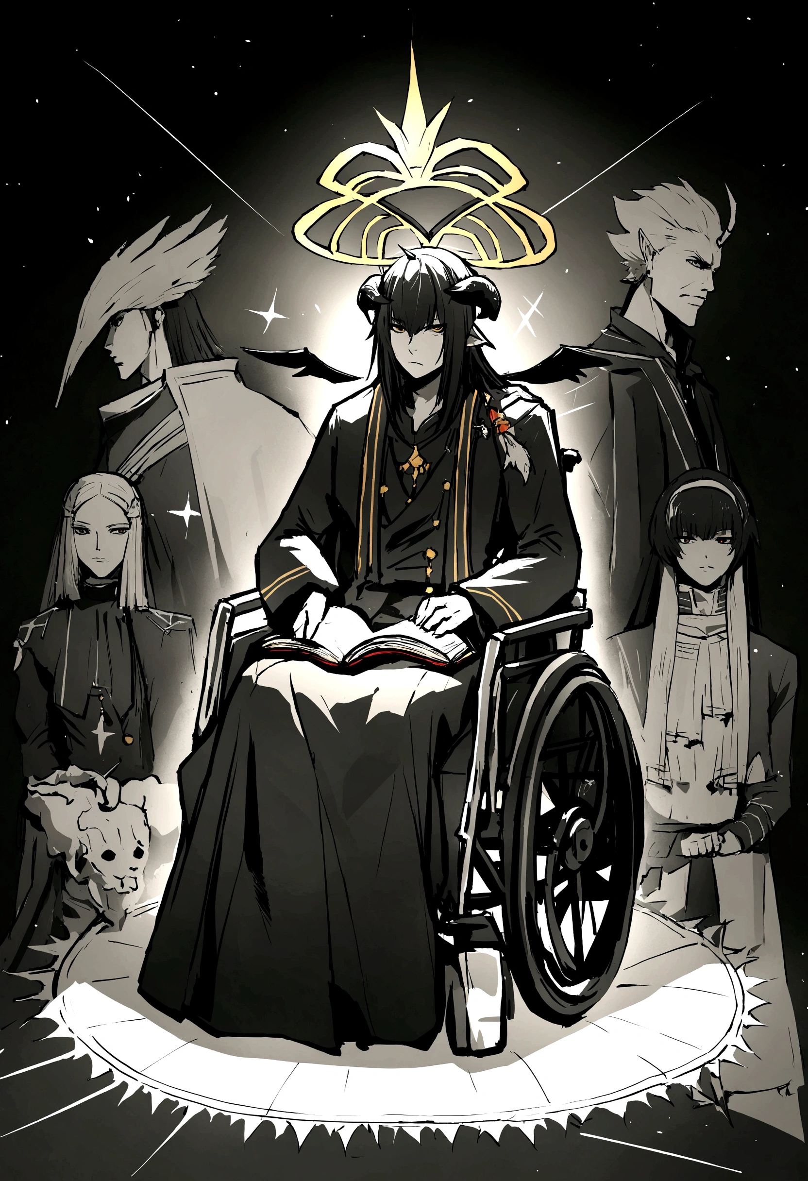 Obra de arte:1.2, melhor qualidade, ultra detalhado, macho, focado, celestial demon wizard, Jovem, serious, frio, horns on her head and a shining golden halo behind her symbolizing her celestial and demonic duality, two large black wings that combine bright plumes with a dark and threatening appearance, cabelo negro, estilo de kentaro miura, fantasia, SCI-FI, fundo claro, a painting of a man in a black robe sitting in a wheelchair, holding an open ancient magical book, Vista-o com vestes escuras e majestosas com detalhes dourados, cabelo negro, cabelos escuros, anjo demoniaco, plumas negras, asas negras grandes, inspired por Edmundo Blampied, inspired por Nicola Samori, inspirado em Pietro Longhi, por Nicola Samori, por Edmundo Blampied, Direction: Stephen Gammell, Estilo Stephen Gammell, figura sinistra ao fundo, Direction: Leonaert Bramer, Direction: Johann Kaspar Füssli .