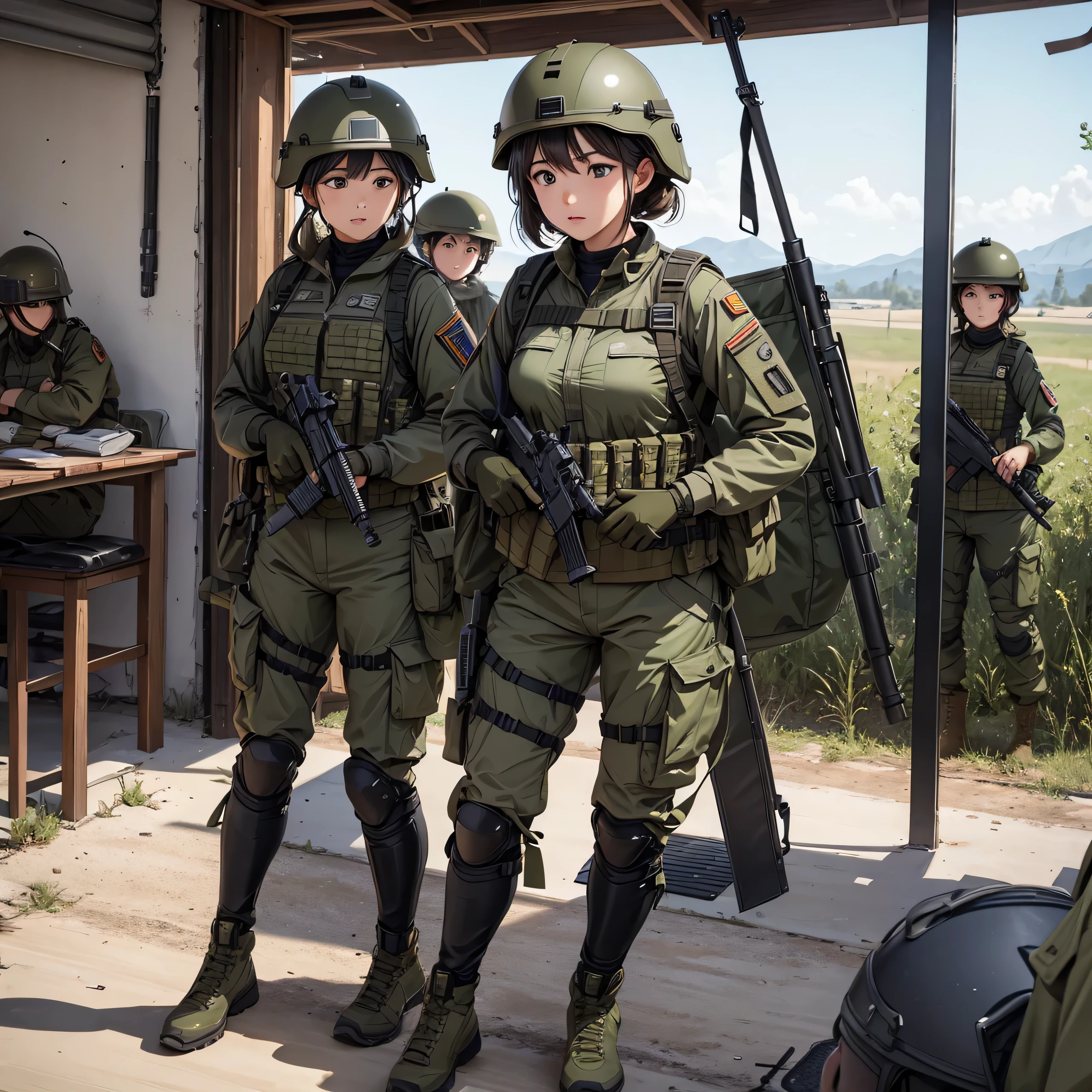 First-person perspective、Three female special forces soldiers wearing helmets、Olive military uniform 、Magazine Pouch、Look at the crotch、On the battlefield、Write details、masterpiece、best quality、Highly detailed CG、8K picture quality