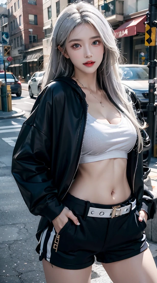 beautiful girls, Korean makeup, Red lips, Platinum hair, thigh, Standard physique, big breasts, lower abdomen, necklace, umbilical piercings, sexy little leather bra, Wide outerwear made of leather, Tight leather shorts, kneel, kneeling position, Midnight city view by the river ,