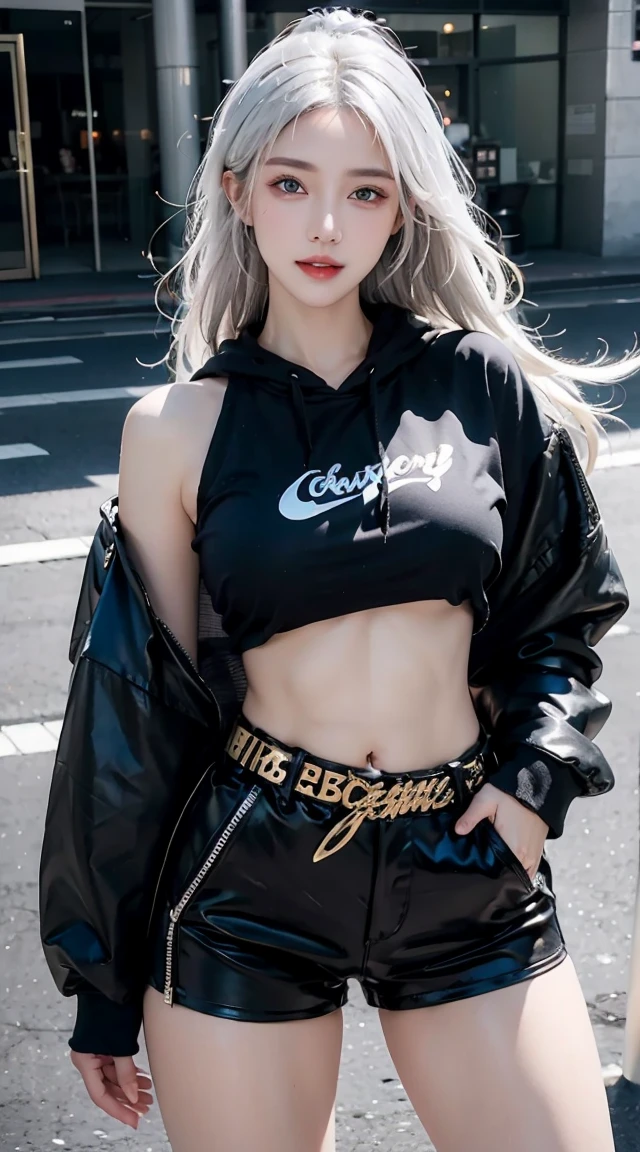 Reality, high resolution, 1 female, Shiny skin, Solitary, Jewelry, 粉红色的Lips, Long white hair, blue eyes, Shut up, Hips up, Open the abdomen, Streetwear. Girl on the street in summer, belly button hoodie sweatshirt,Sexy abs,Black low rise shorts, Metal belt,cowboy shot, The abdomen is completely exposed, The abdomen is open,Detailed facial features, beautiful eyes, Lips, and long eyelashes, Reality, 8K, Very detailed, Studio Lighting, Dramatic Lighting, Vibrant colors, work, Hot summer vibes,Smiling